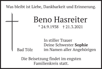 Todesanzeige von Beno Hasreiter von merkurtz