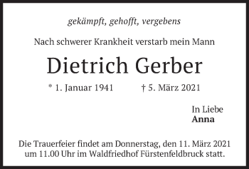 Todesanzeige von Dietrich Gerber von merkurtz