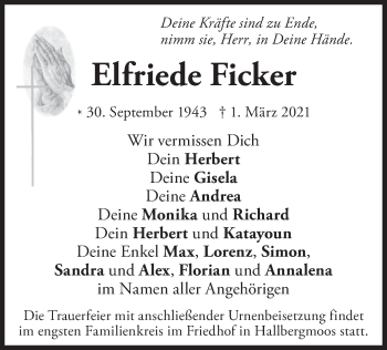 Todesanzeige von Elfriede Ficker von merkurtz