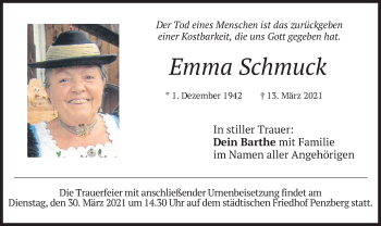 Todesanzeige von Emma Schmuck von merkurtz