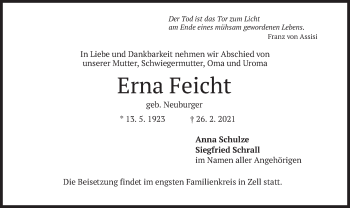 Todesanzeige von Erna Feicht von merkurtz