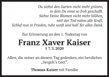 Todesanzeige von Franz Xaver Kaiser von Das Gelbe Blatt Penzberg