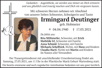 Todesanzeige von Irmingard Deutinger von merkurtz