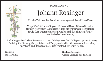 Todesanzeige von Johann Rosinger von merkurtz