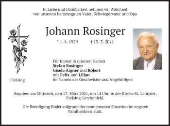 Todesanzeige von Johann Rosinger von merkurtz