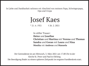 Todesanzeige von Josef Kaes von merkurtz