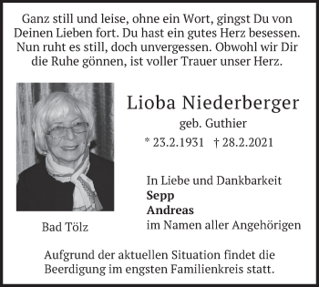 Todesanzeige von Lioba Niederberger von merkurtz