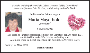 Todesanzeige von Maria Mayerhofer von merkurtz