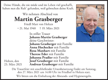 Todesanzeige von Martin Grasberger von merkurtz