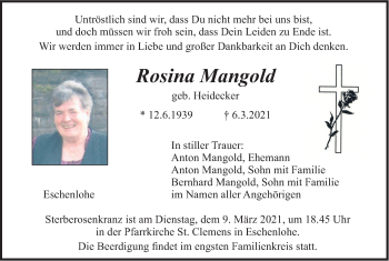 Todesanzeige von Rosina Mangold von merkurtz