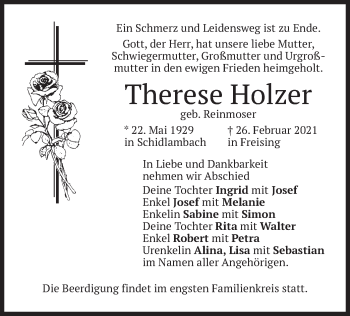 Todesanzeige von Therese Holzer von merkurtz