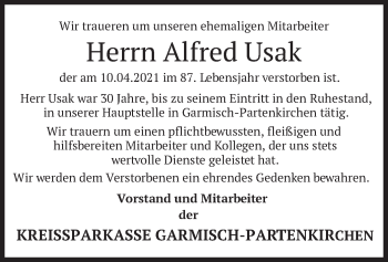 Todesanzeige von Alfred Usak von merkurtz