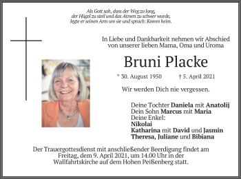 Todesanzeige von Bruni Placke von merkurtz