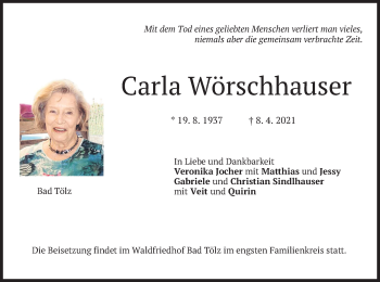 Todesanzeige von Carla Wörschhauser von merkurtz