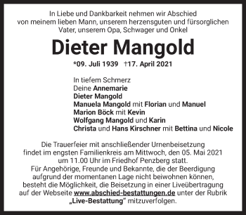 Todesanzeige von Dieter Mangold von Das Gelbe Blatt Penzberg