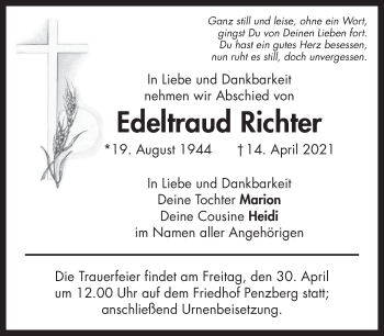Todesanzeige von Edeltraud Richter von Das Gelbe Blatt Penzberg