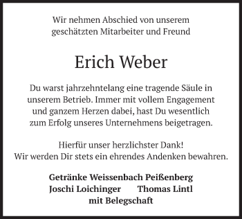 Todesanzeige von Erich Weber von merkurtz