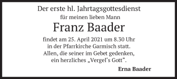 Todesanzeige von Franz Baader von merkurtz