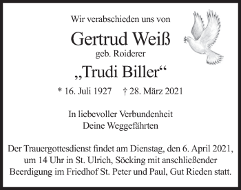 Todesanzeige von Gertrud Weiß von merkurtz