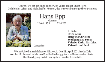 Todesanzeige von Hans Epp von merkurtz