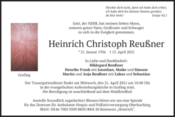 Todesanzeige von Heinrich Christoph Reußner von merkurtz