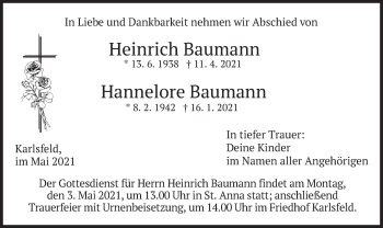Todesanzeige von Heinrich und Hannelore Baumann von merkurtz