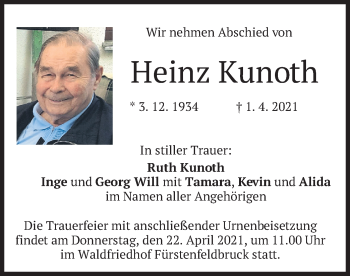 Todesanzeige von Heinz Kunoth von merkurtz