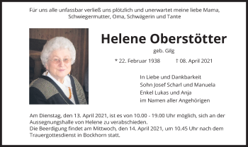 Todesanzeige von Helene Oberstötter von merkurtz