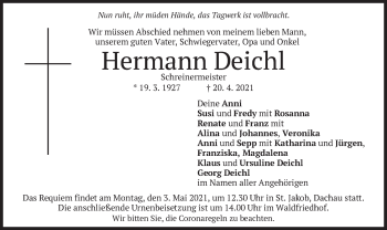Todesanzeige von Hermann Deichl von merkurtz