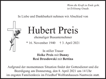 Todesanzeige von Hubert Preis von merkurtz