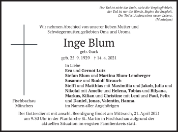 Todesanzeige von Inge Blum von merkurtz