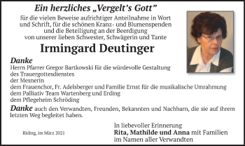 Todesanzeige von Irmingard Deutinger von merkurtz