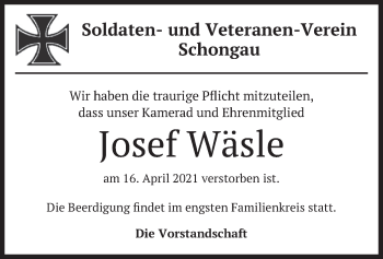 Todesanzeige von Josef Wäsle von merkurtz