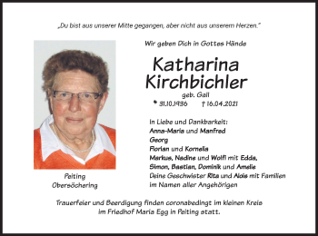 Todesanzeige von Katharina Kirchbichler von merkurtz