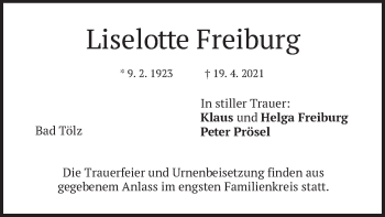 Todesanzeige von Liselotte Freiburg von merkurtz