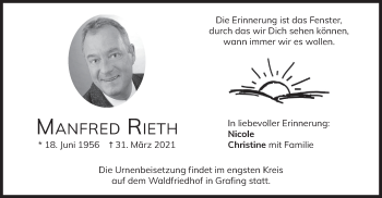 Todesanzeige von Manfred Rieth von merkurtz