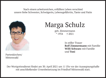 Todesanzeige von Marga Schulz von merkurtz