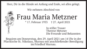 Todesanzeige von Maria Metzner von merkurtz