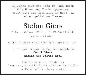 Todesanzeige von Stefan Giers von Das Gelbe Blatt Penzberg