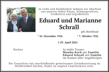 Todesanzeige von Eduard und Marianne Schrall von merkurtz