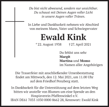 Todesanzeige von Ewald Kink von Das Gelbe Blatt Penzberg
