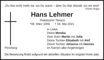 Todesanzeige von Hans Lehmer von Das Gelbe Blatt Penzberg