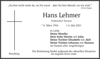 Todesanzeige von Hans Lehmer von merkurtz