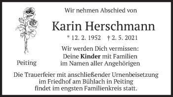 Todesanzeige von Karin Herschmann von merkurtz