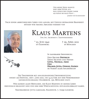 Todesanzeige von Klaus Martens von merkurtz