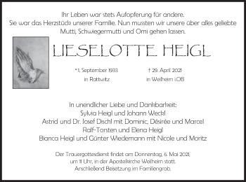 Todesanzeige von Lieselotte Heigl von merkurtz