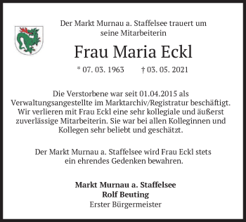 Todesanzeige von Maria Eckl von merkurtz