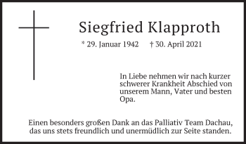 Todesanzeige von Siegfried Klapproth von merkurtz
