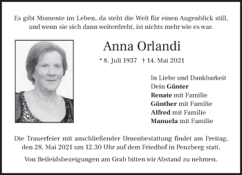 Todesanzeige von Anna Orlandi von Das Gelbe Blatt Penzberg