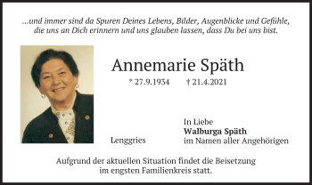 Todesanzeige von Annemarie Späth von merkurtz